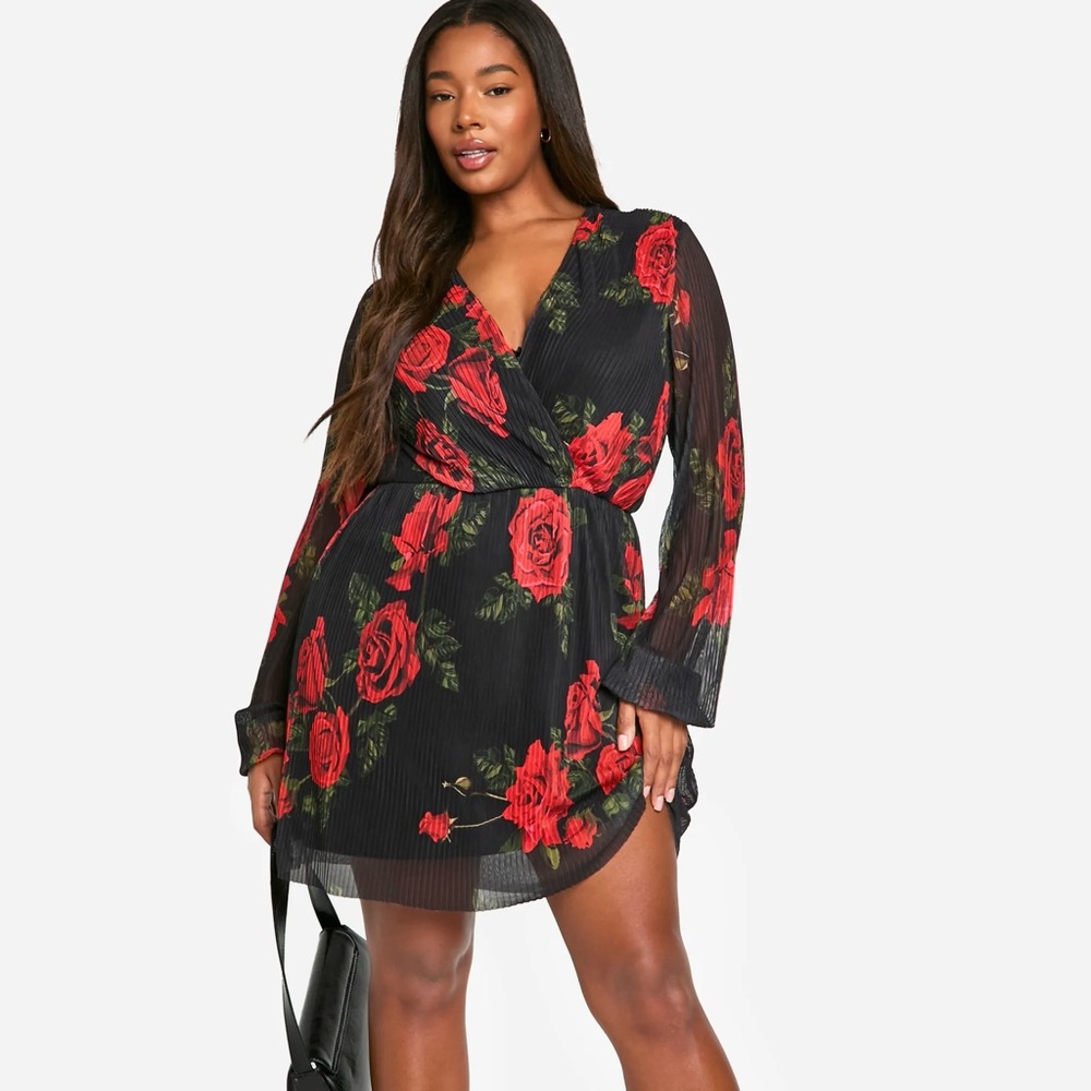Boohoo Dark Floral Faux Wrap Dress Sheer Long Sleeve Size 10